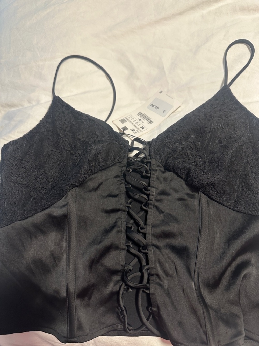 Black Lace-Trim Satin Camisole with Front Lace-Up -